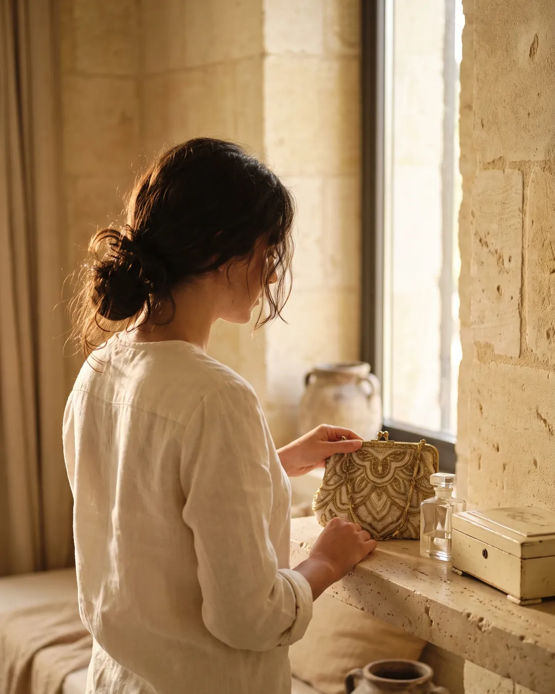 A woman arranging a beaded evening bag and a jewellery box on a travertine shelf in warm afternoon light