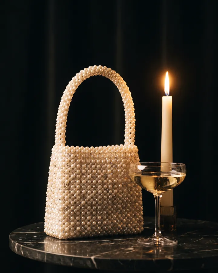 A hand-beaded evening bag from the ALVANY Bag Atelier beside a coupe glass and candle