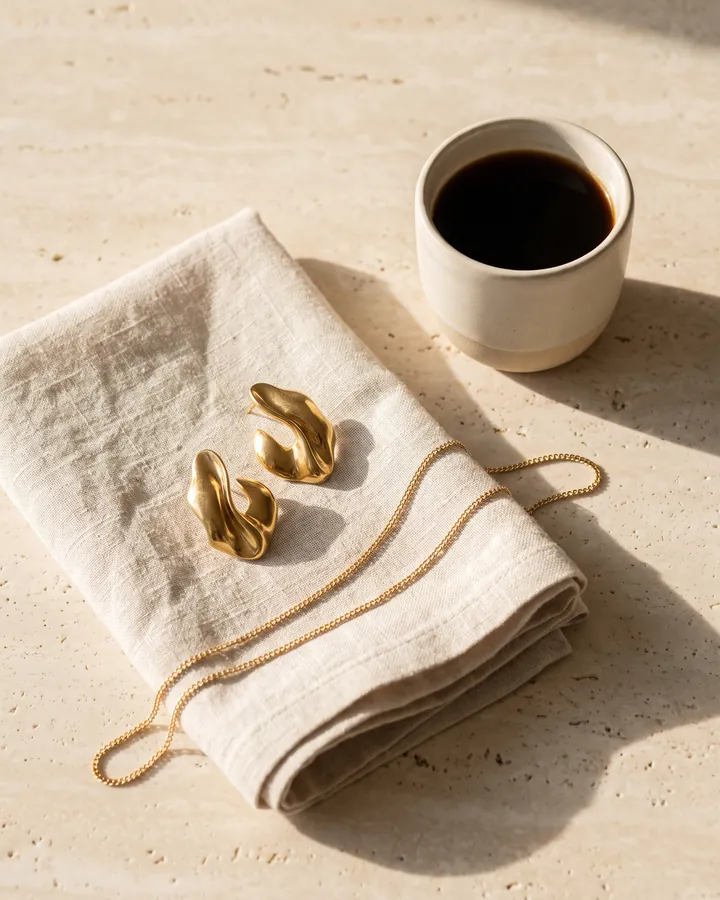 Gold earrings and a chain from the ALVANY Jewellery Boutique on folded linen