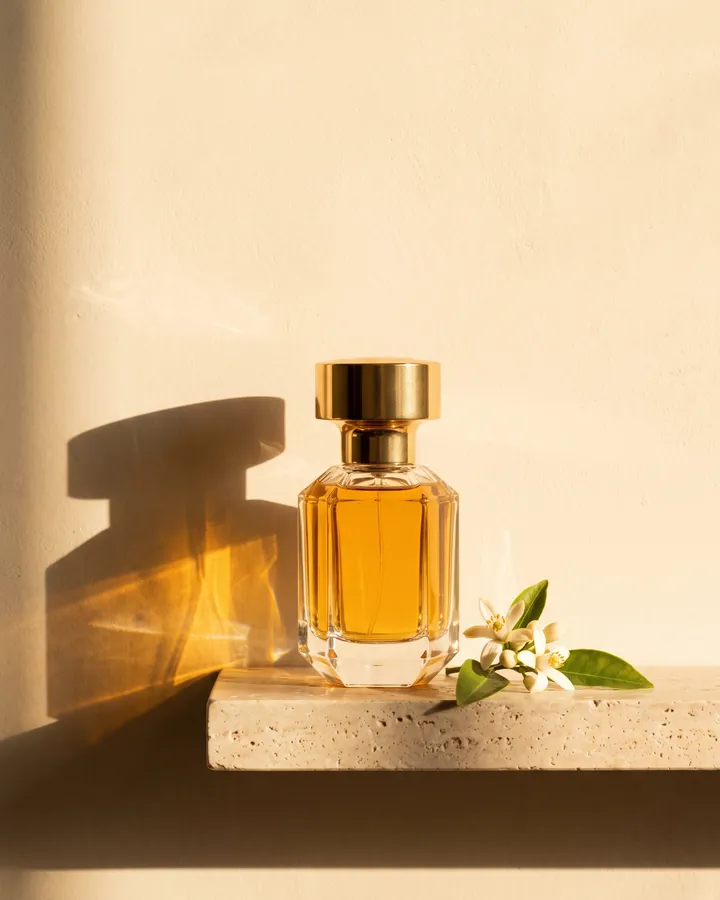 An eau de parfum from Maison de Parfum at ALVANY on a travertine shelf with orange blossom