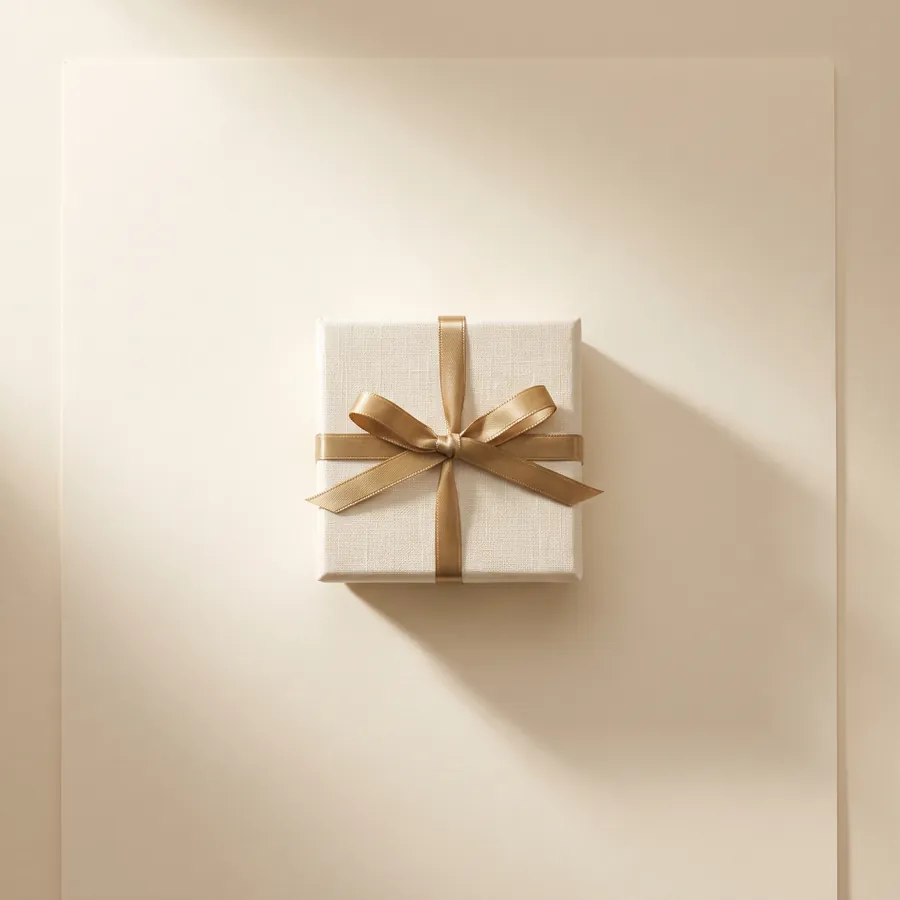 The ALVANY gift box in ivory linen tied with antique-gold satin, a luxury gift for her