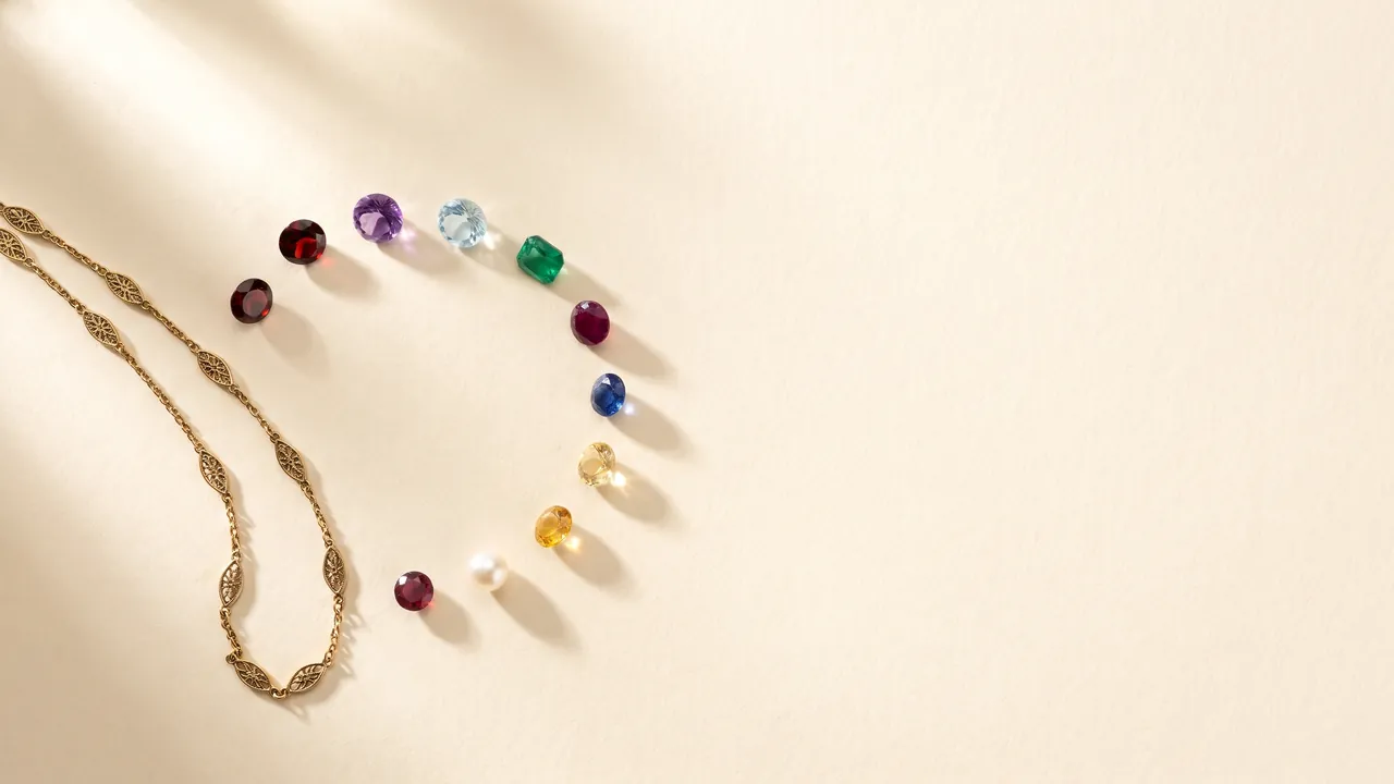 Birthstones by month: loose gemstones in many colours beside a fine gold chain on warm paper