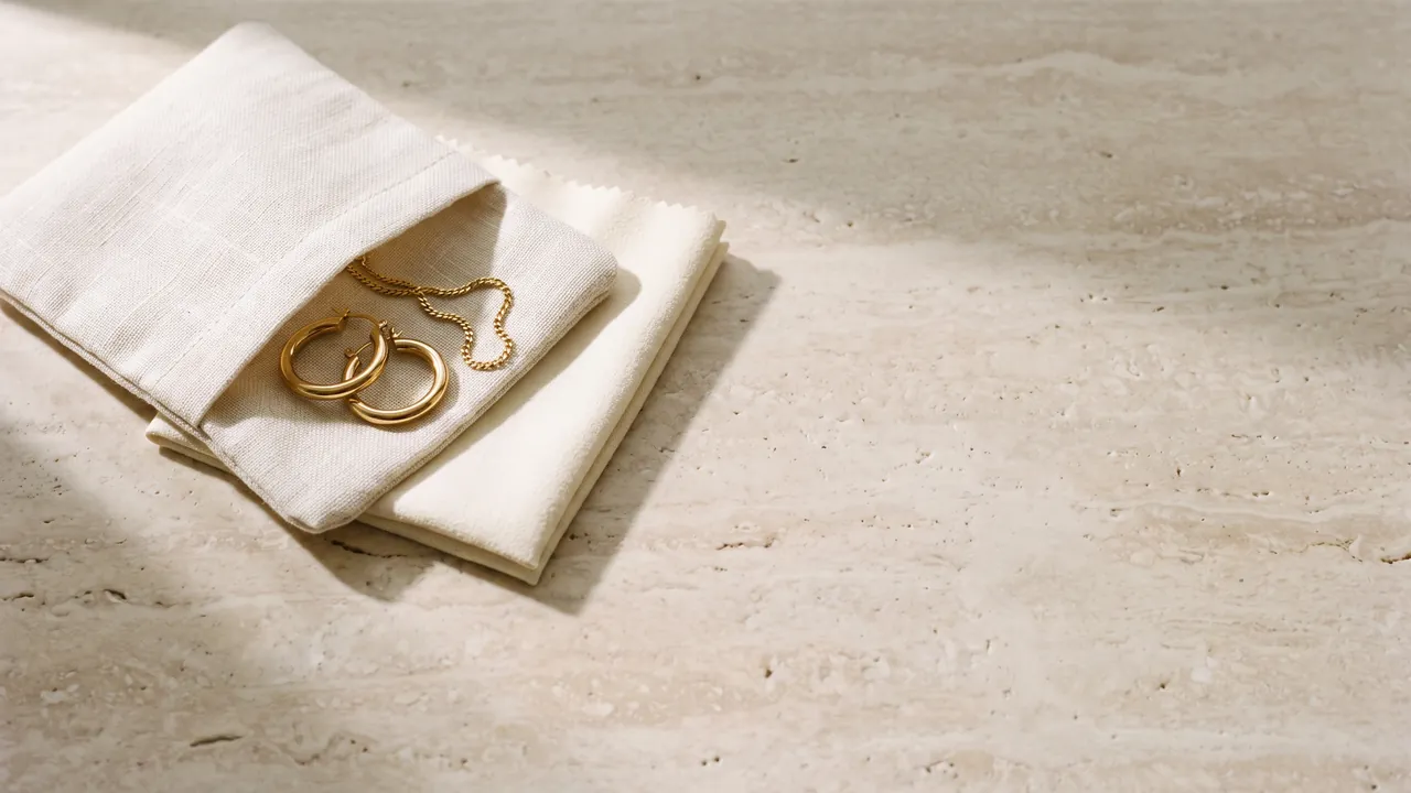 Gold-plated jewellery care: gold earrings and a chain resting on a soft linen pouch beside a polishing cloth