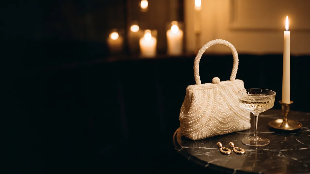 How to choose an evening bag: a hand-beaded pearl evening bag on a marble table beside a coupe glass in candlelight