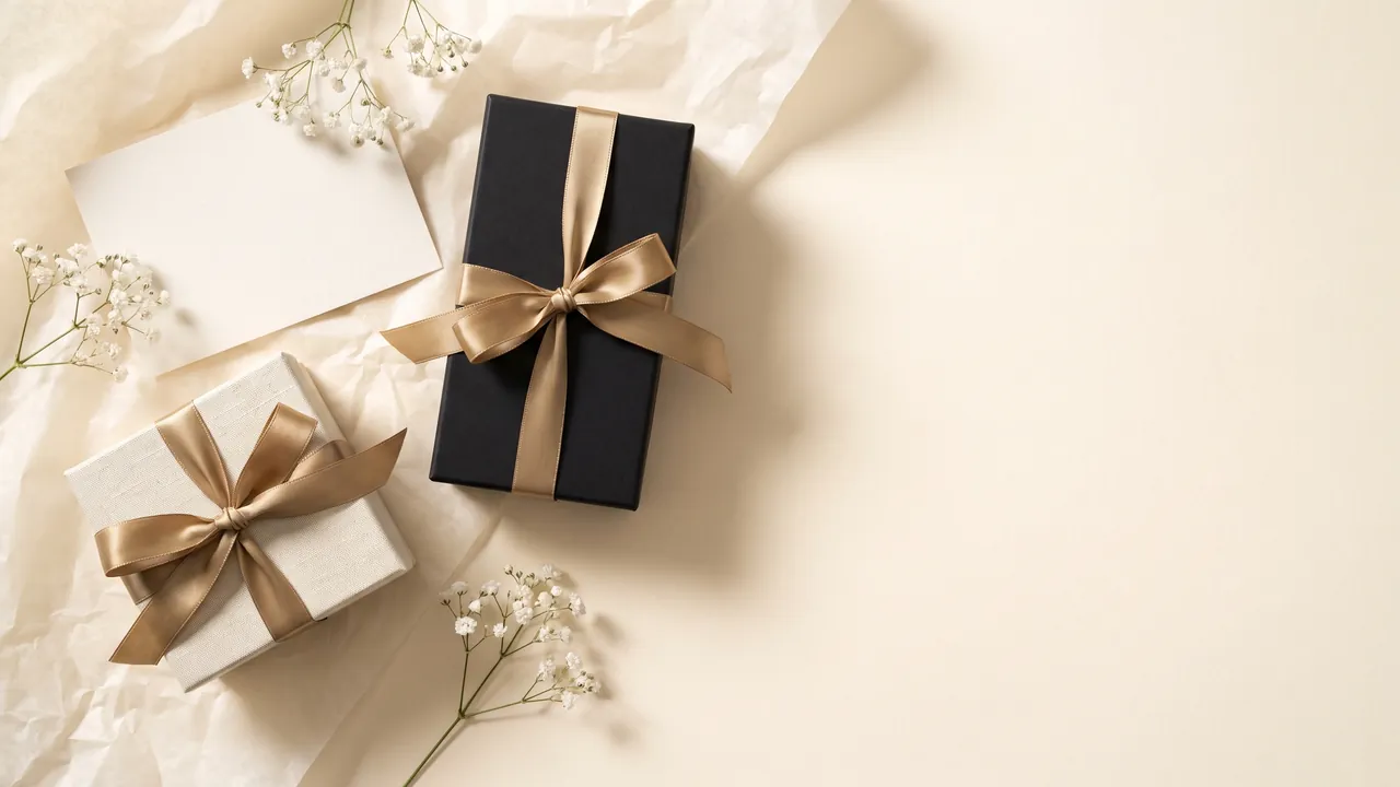 Luxury gifts for her: an ivory gift box tied in gold satin beside a perfume box and a sprig of white flowers