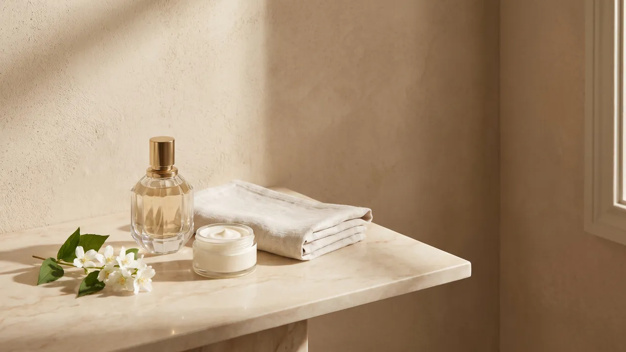 How to make perfume last longer: a perfume bottle on a dressing table beside an unscented body balm in soft morning light