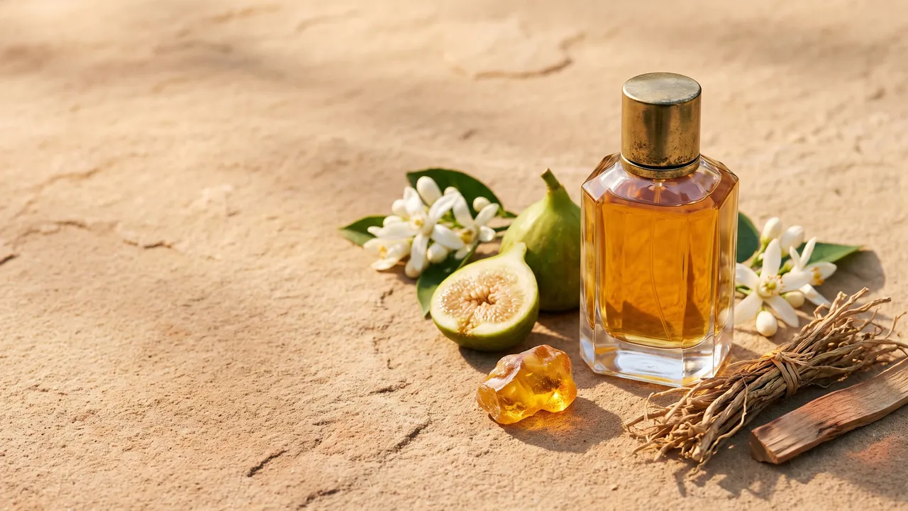 Perfume notes: a bottle of eau de parfum beside orange blossom, a fig, amber resin and a sprig of vetiver