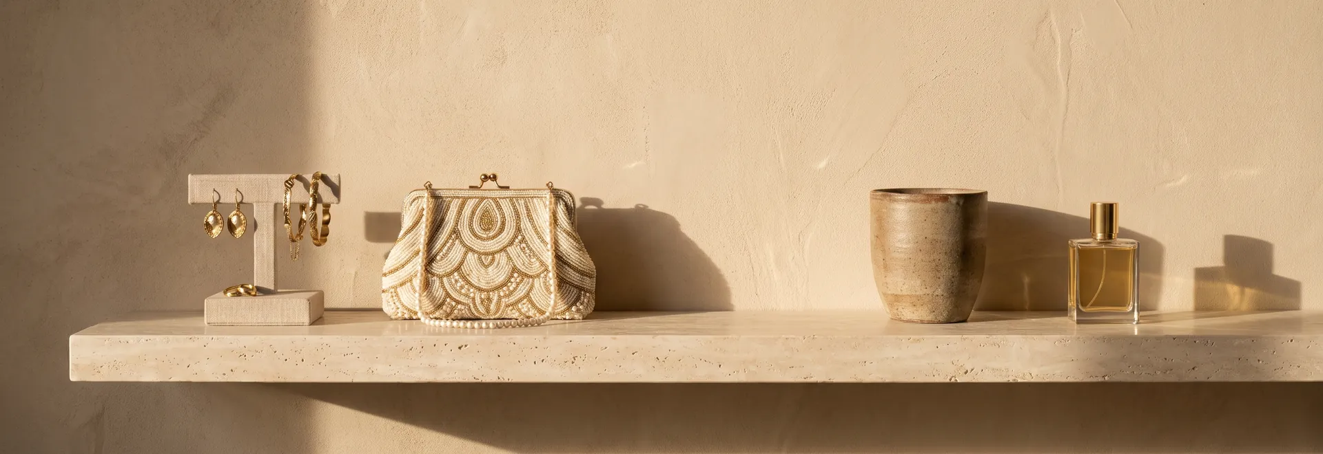 About ALVANY: gold earrings, a beaded evening bag, a stoneware vessel and a perfume bottle on a travertine shelf
