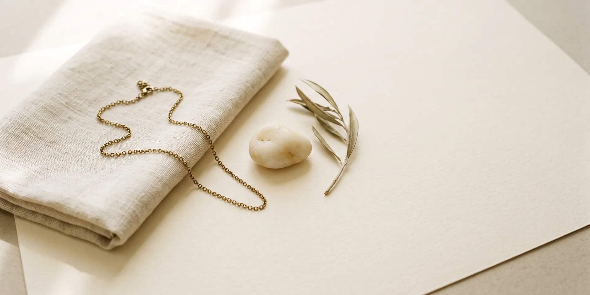 Sustainability at ALVANY: a gold chain on undyed linen beside an olive sprig