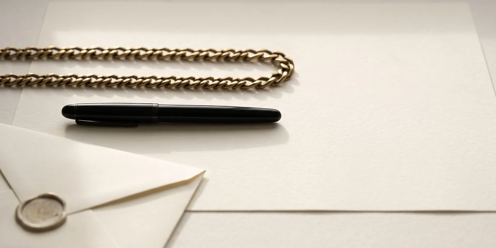 ALVANY Terms of Use — a gold necklace and a fountain pen on cream writing paper