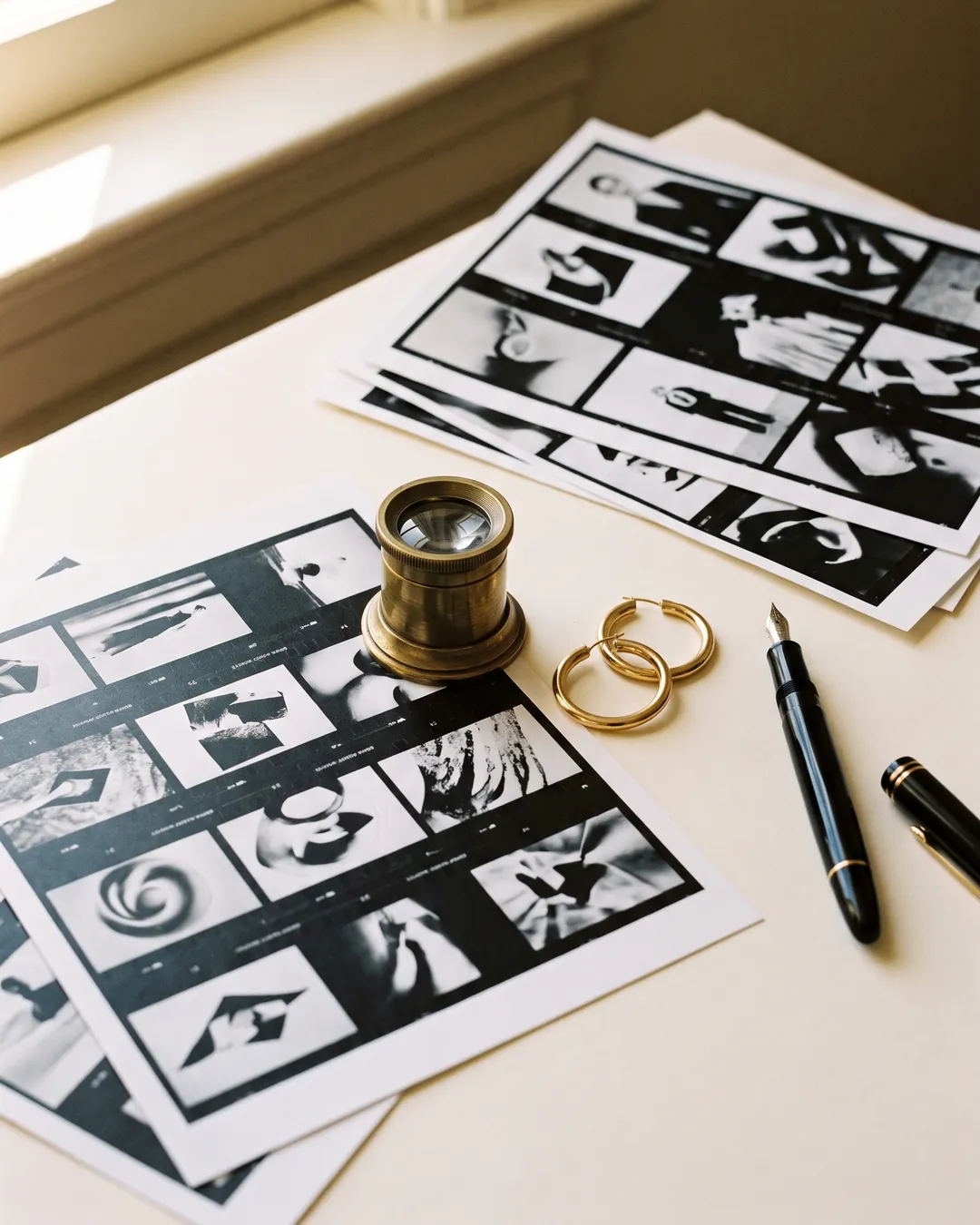 A stylist's table with contact sheets, a brass loupe, gold hoop earrings and a fountain pen