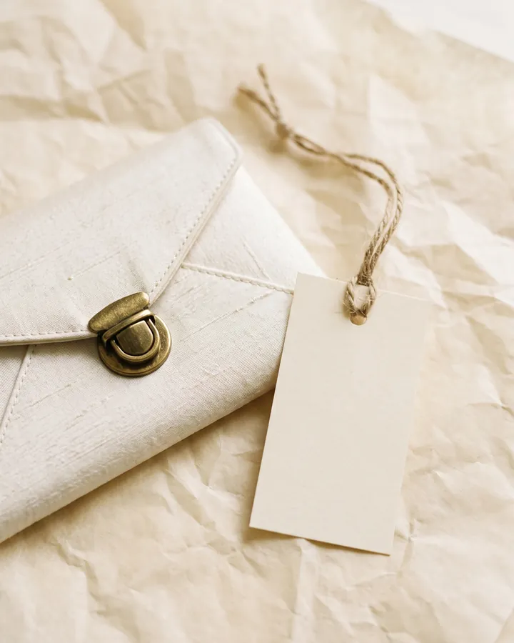 An ivory envelope clutch beside a blank loan tag tied with string