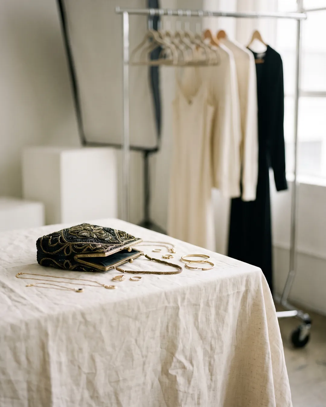 A styling table on a photo set with a beaded evening bag and gold jewellery, a garment rail behind