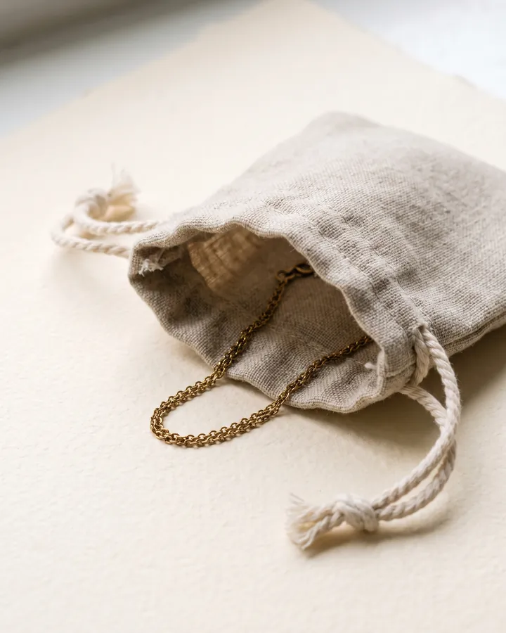 A fine gold bracelet in an open linen pouch