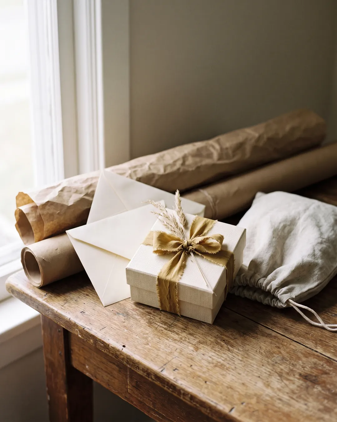 Kraft paper, a linen pouch and an ivory gift box tied in gold ribbon: packed without plastic