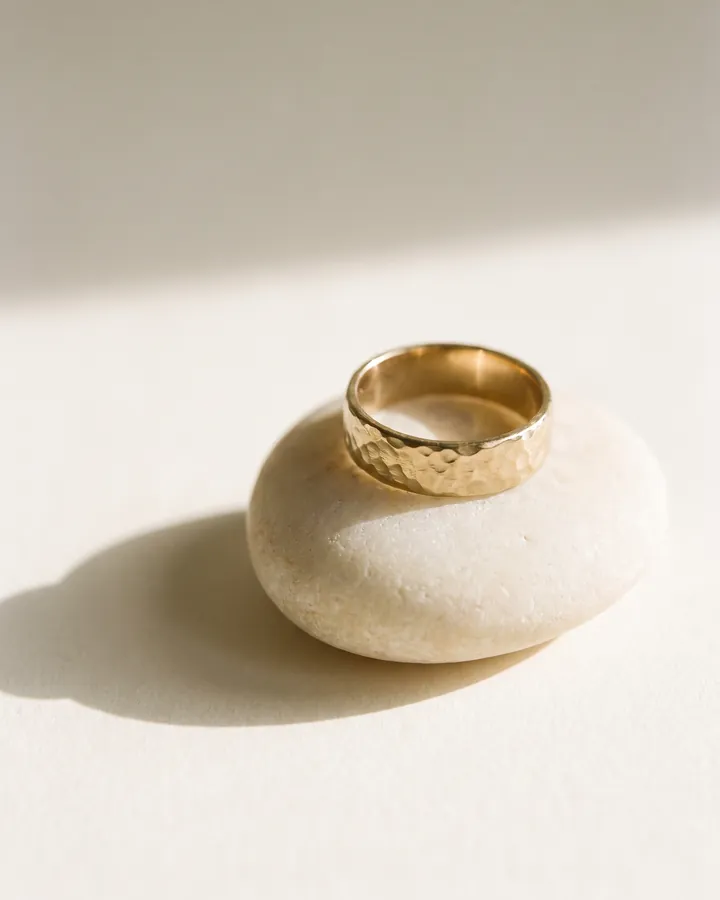 A single hand-finished gold ring on a smooth river stone