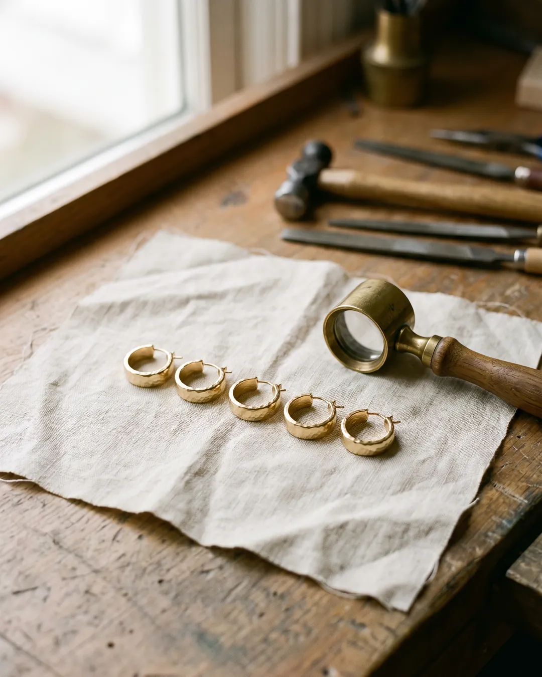 A small run of identical gold earrings on linen at a jeweller's bench beside a brass loupe